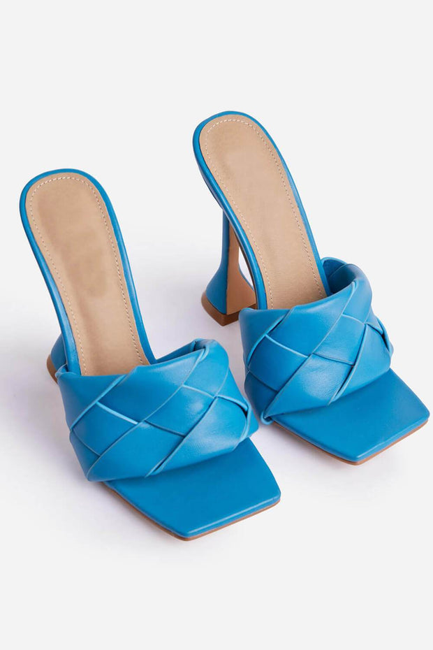 Blue Faux Leather Woven Square Peep Toe Sculptured Heeled Mules - MomyMall