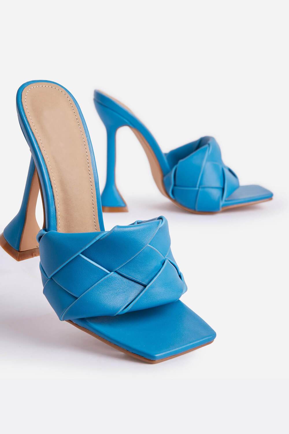 Blue Faux Leather Woven Square Peep Toe Sculptured Heeled Mules - MomyMall