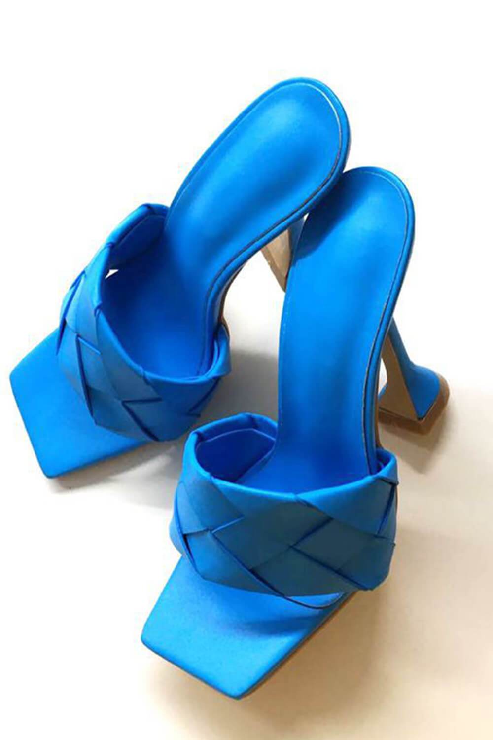 Blue Faux Leather Woven Square Peep Toe Sculptured Heeled Mules - MomyMall