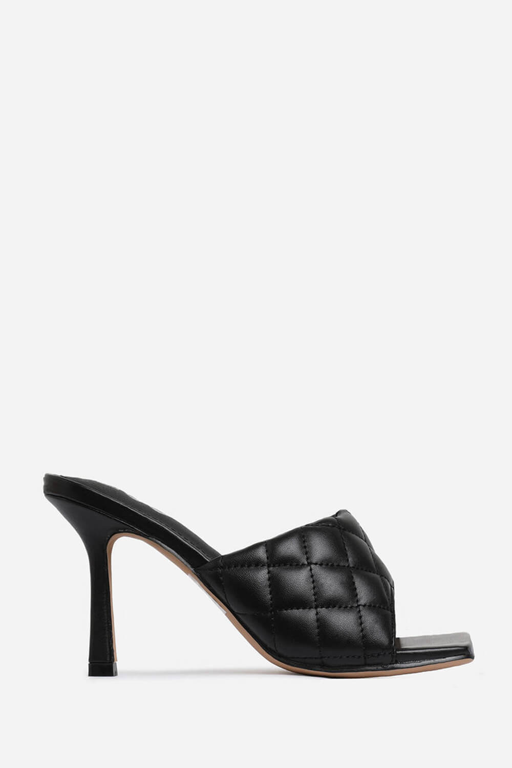 Black Faux Leather Square Toe Quilted Heeled Mules