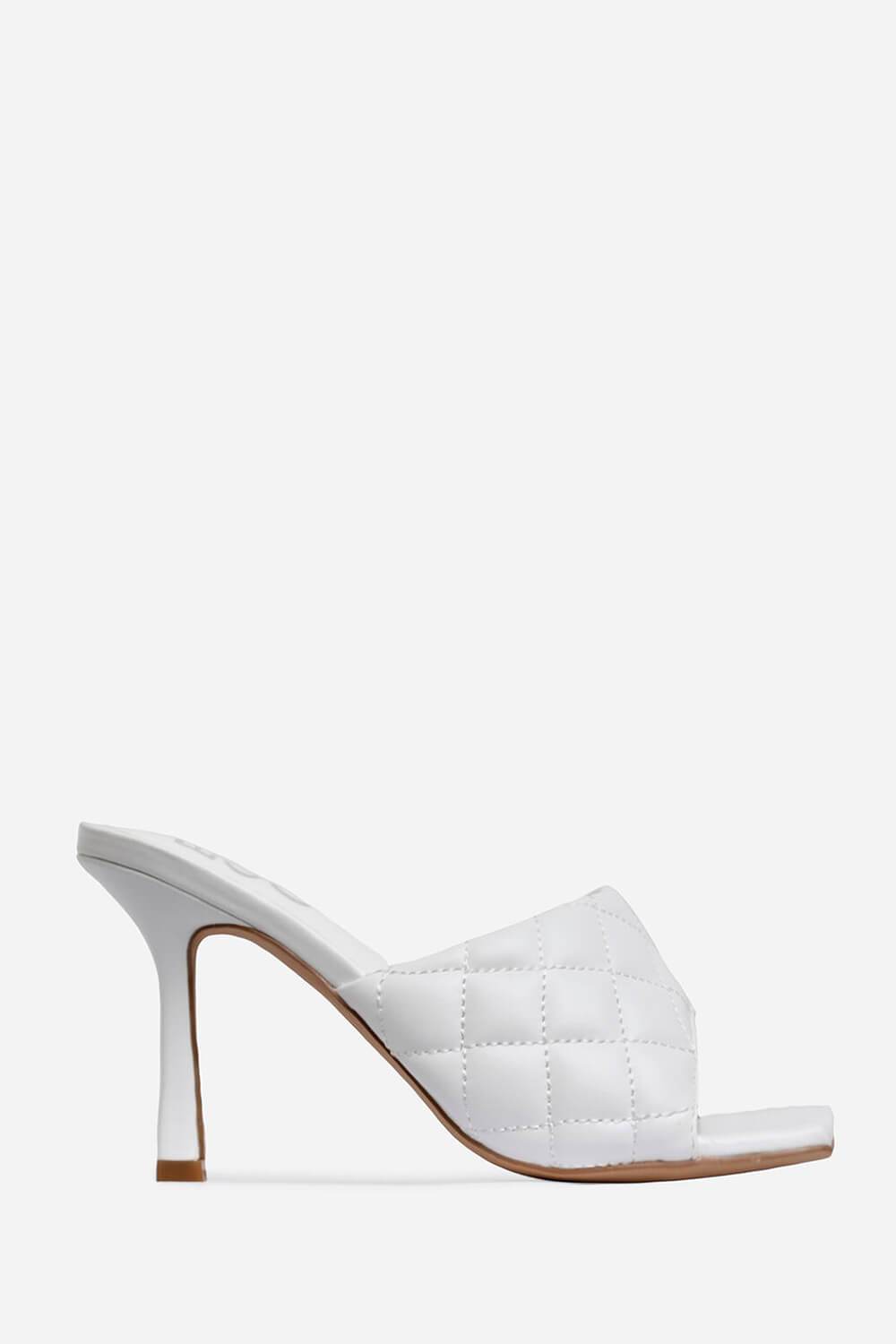 White Faux Leather Square Toe Quilted Heeled Mules