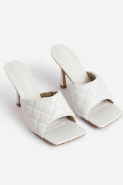 White Faux Leather Square Toe Quilted Heeled Mules