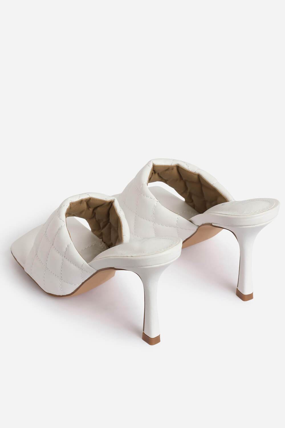 White Faux Leather Square Toe Quilted Heeled Mules