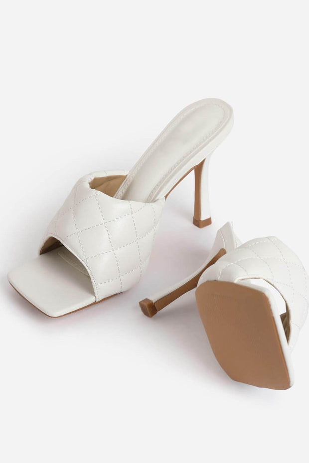White Faux Leather Square Toe Quilted Heeled Mules