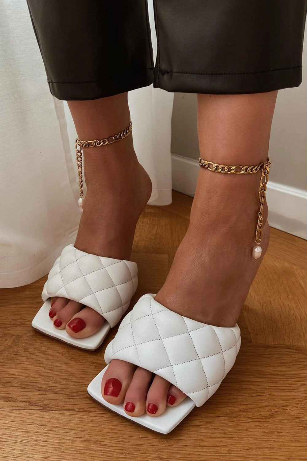 White Faux Leather Square Toe Quilted Heeled Mules