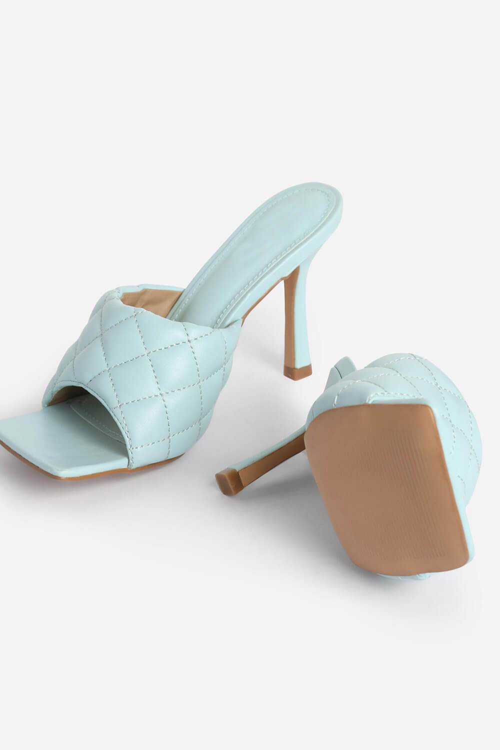 Light Blue Faux Leather Square Toe Quilted Heeled Mules