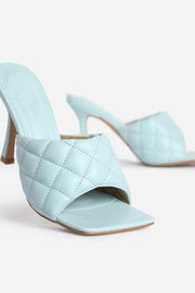 Light Blue Faux Leather Square Toe Quilted Heeled Mules