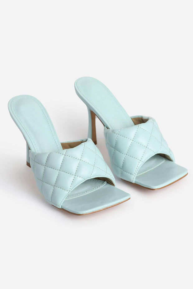Light Blue Faux Leather Square Toe Quilted Heeled Mules