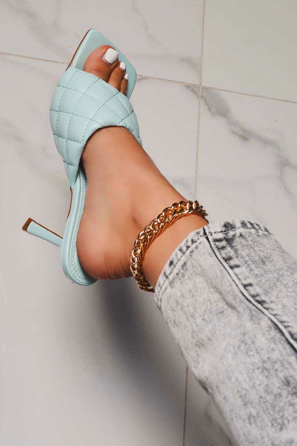 Light Blue Faux Leather Square Toe Quilted Heeled Mules