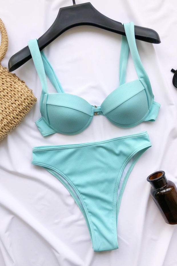 Light Blue Rib High Waisted Bikini Bottom - MomyMall