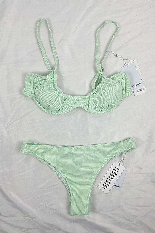 Bas de bikini taille haute côtelé vert menthe