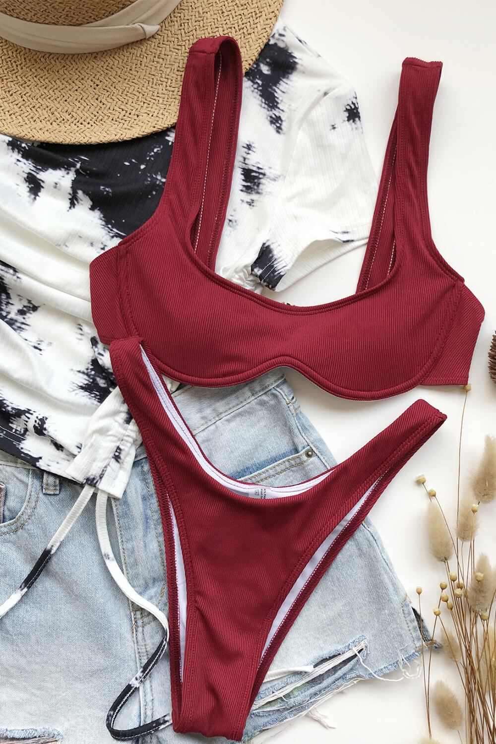 Burgundy Ribbed Underwire Bikini Top