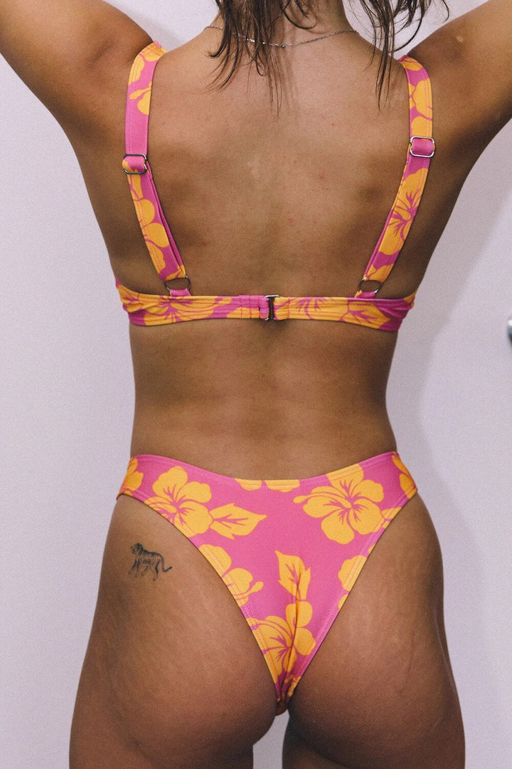 Pink And Orange Floral Print High Rise Bikini Bottom - MomyMall