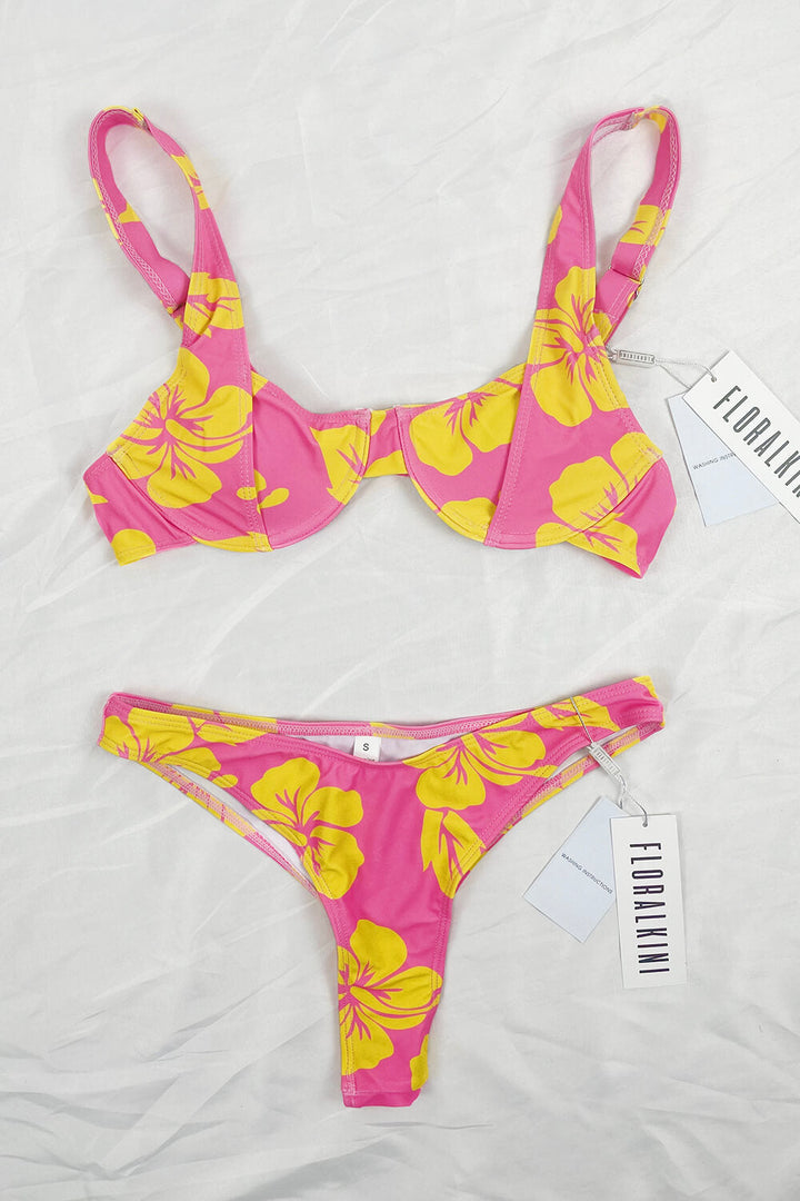 Pink And Orange Floral Print High Rise Bikini Bottom - MomyMall