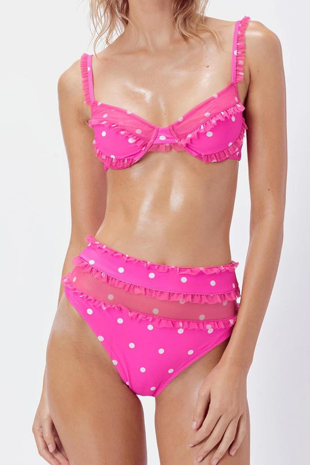 Hot Pink Polka Dot Mesh Ruffled Underwire Balconette Bikini Top - MomyMall