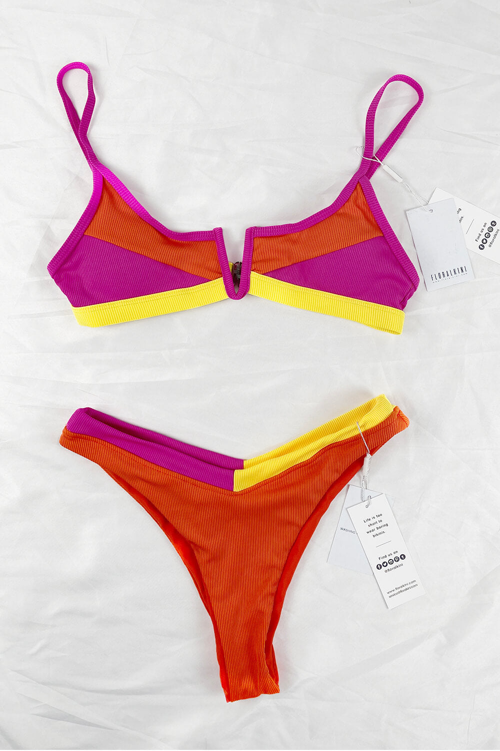 Hot Pink Orange Yellow Blocked Rib V Wire Bikini Top