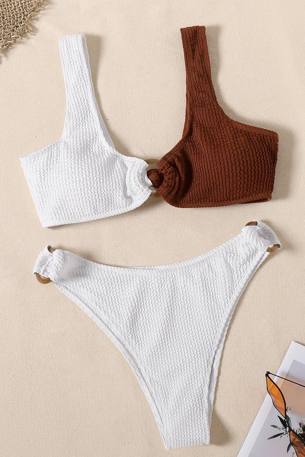 Coffee And White Contrast Crop Crink O-Ring Bikini Top - MomyMall