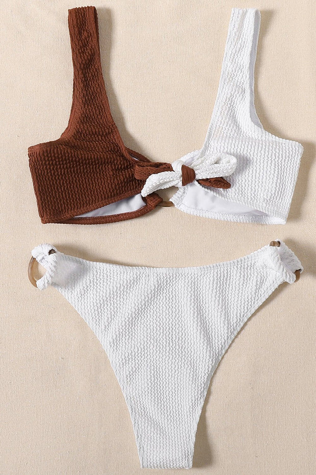 Coffee And White Contrast Crop Crink O-Ring Bikini Top - MomyMall