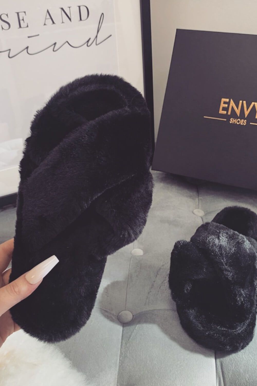 Black Fluffy Cross Over Slippers