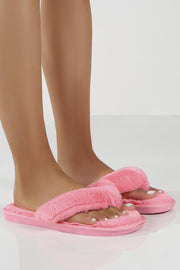 Pink Thong Toe Strap Faux Fur Slippers