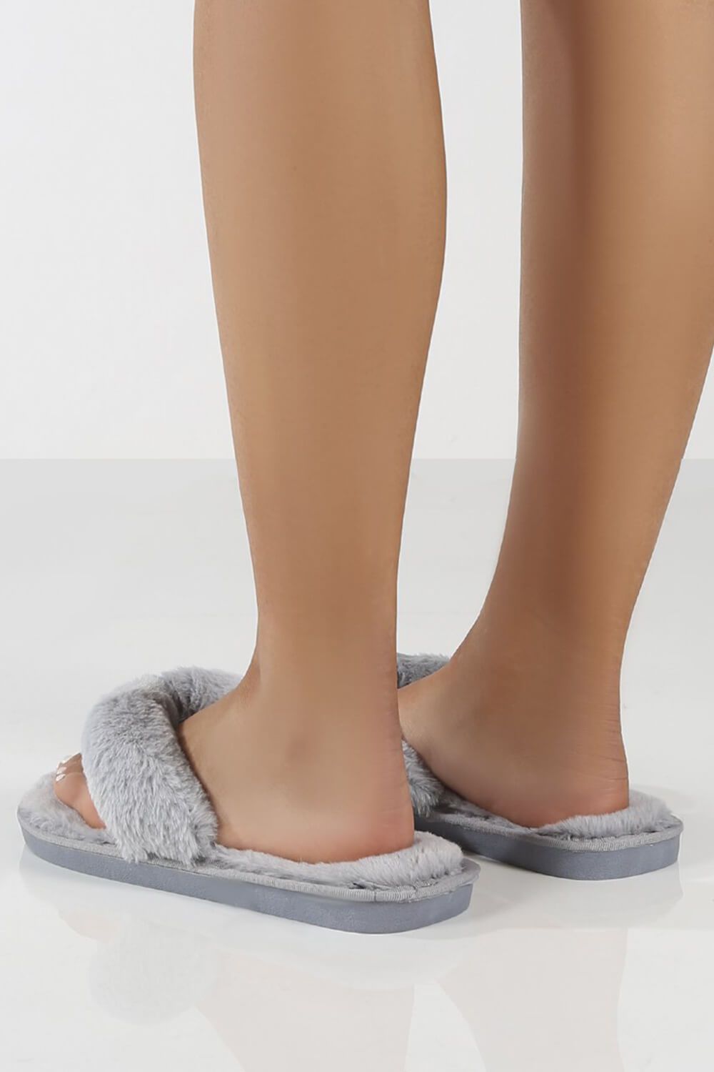 Grey Fluffy Thong Toe Strap Faux Fur Slippers