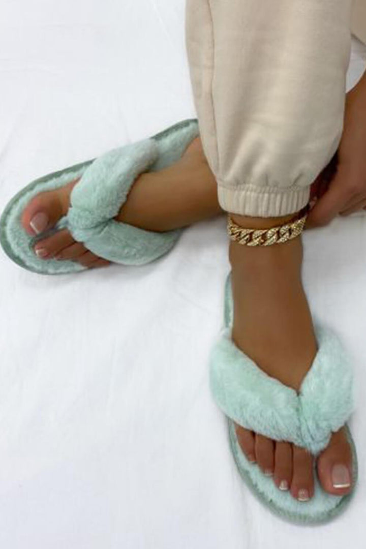 Khaki Green Thong Toe Strap Faux Fur Slippers - MomyMall