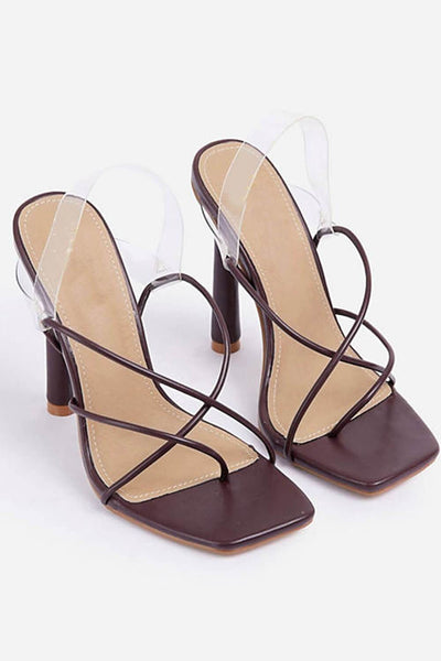 Brown Faux Leather Strappy Square Toe Heel  Sandals