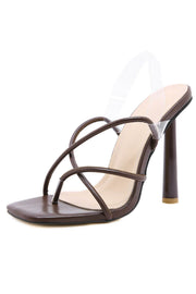 Brown Faux Leather Strappy Square Toe Heel  Sandals