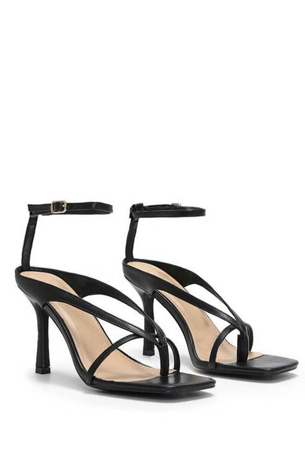 Black Faux Leather Square Toe Strappy Heels - MomyMall