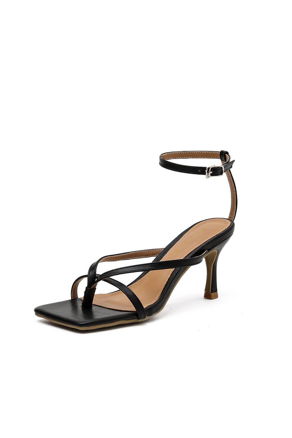 Black Faux Leather Square Toe Strappy Heels - MomyMall