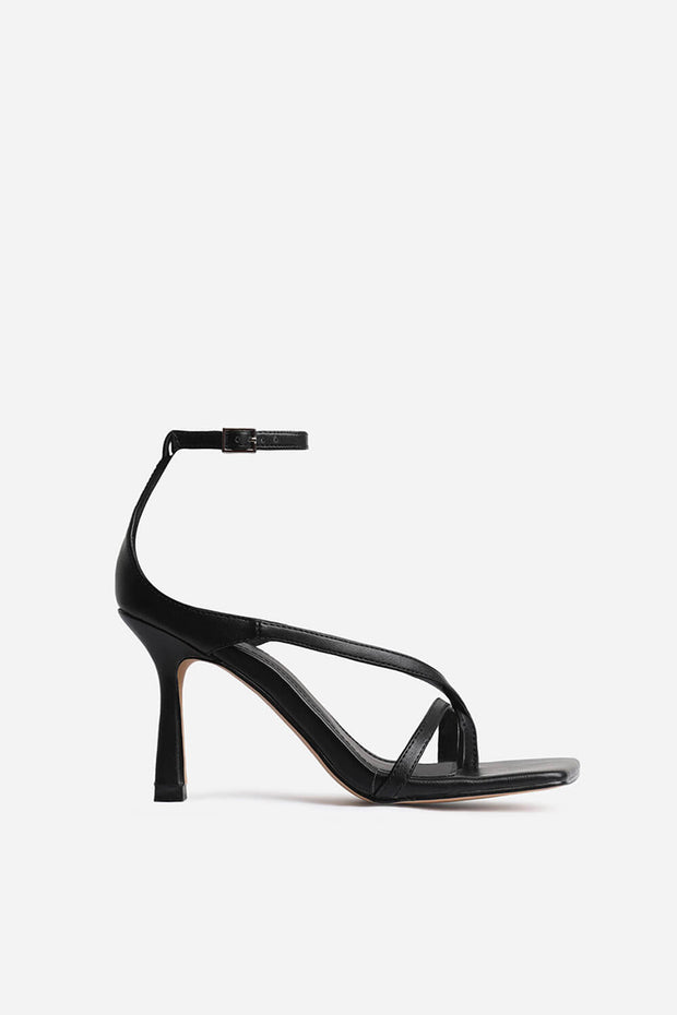 Black Faux Leather Square Toe Strappy Heels - MomyMall