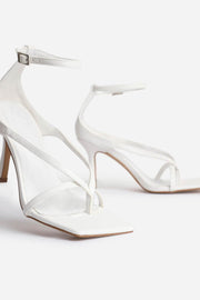 White Faux Leather Square Toe Strappy Heels - MomyMall
