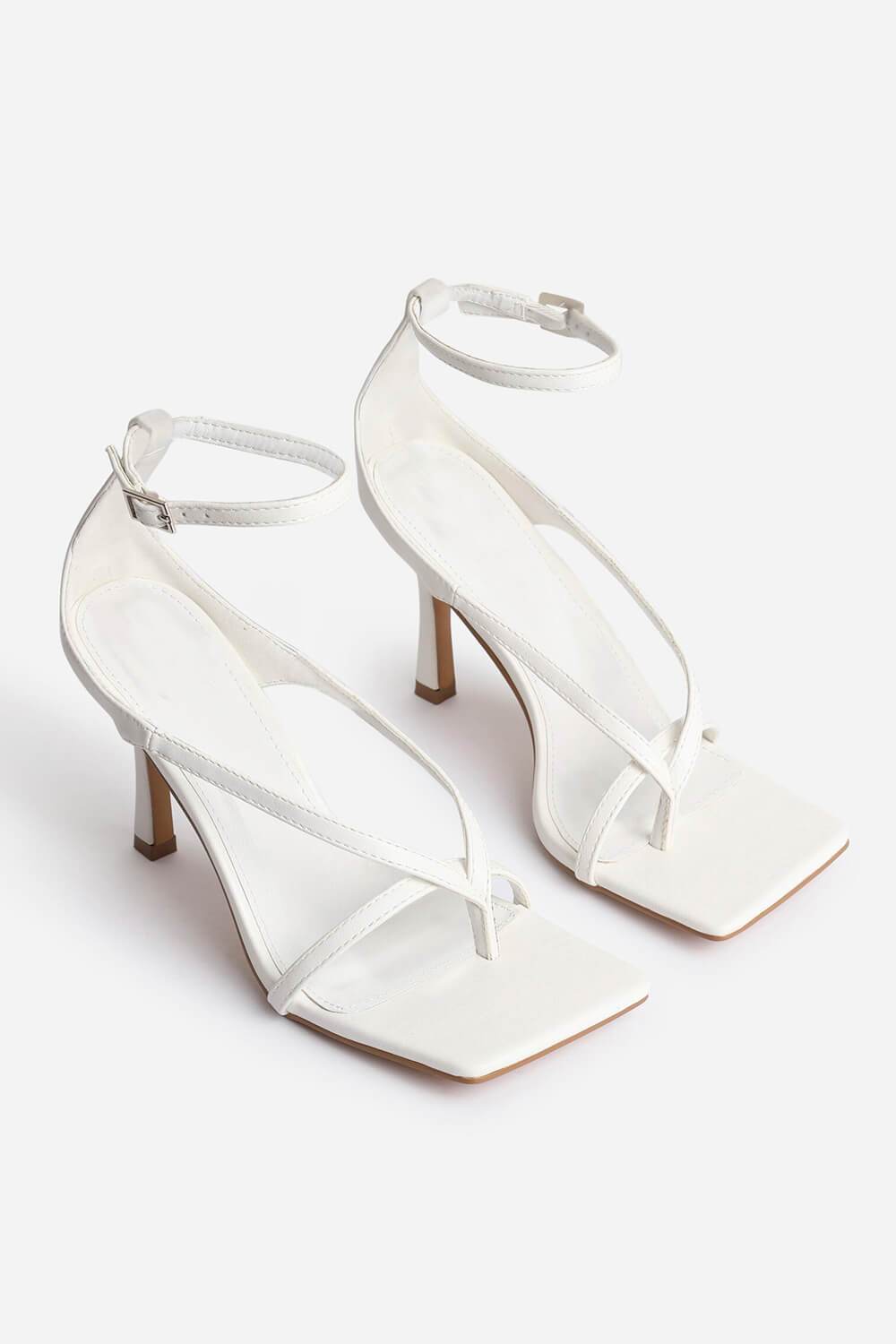 White Faux Leather Square Toe Strappy Heels - MomyMall