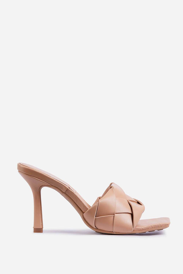 Nude Faux Leather Woven Square Peep Toe Mule