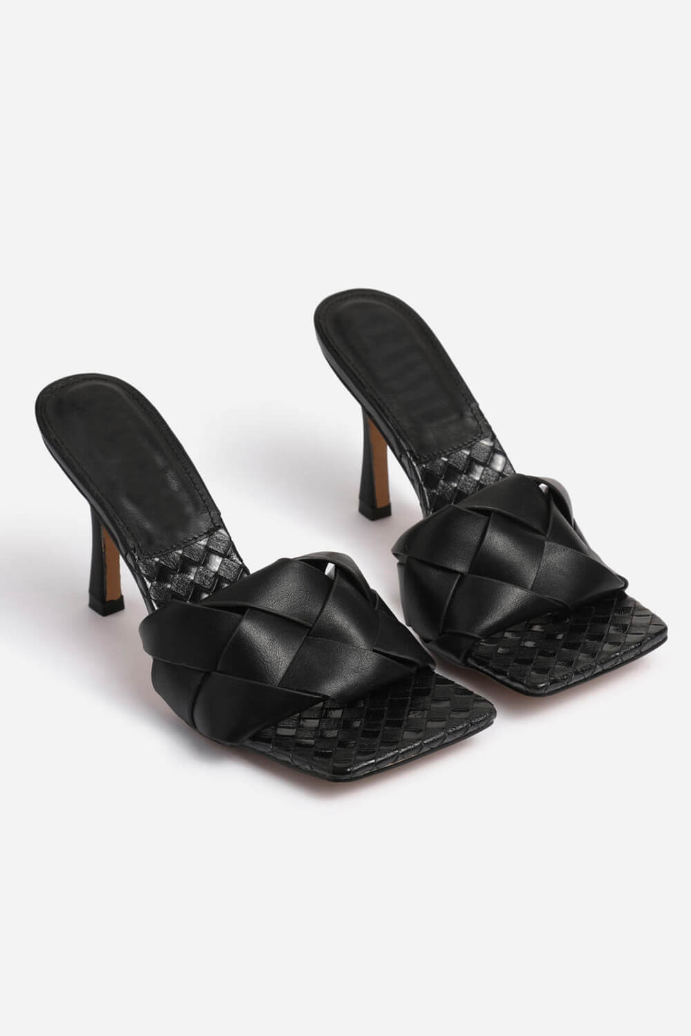 Mule carrée peep toe tissée en similicuir noir