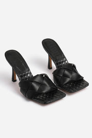 Black Faux Leather Woven Square Peep Toe Mule