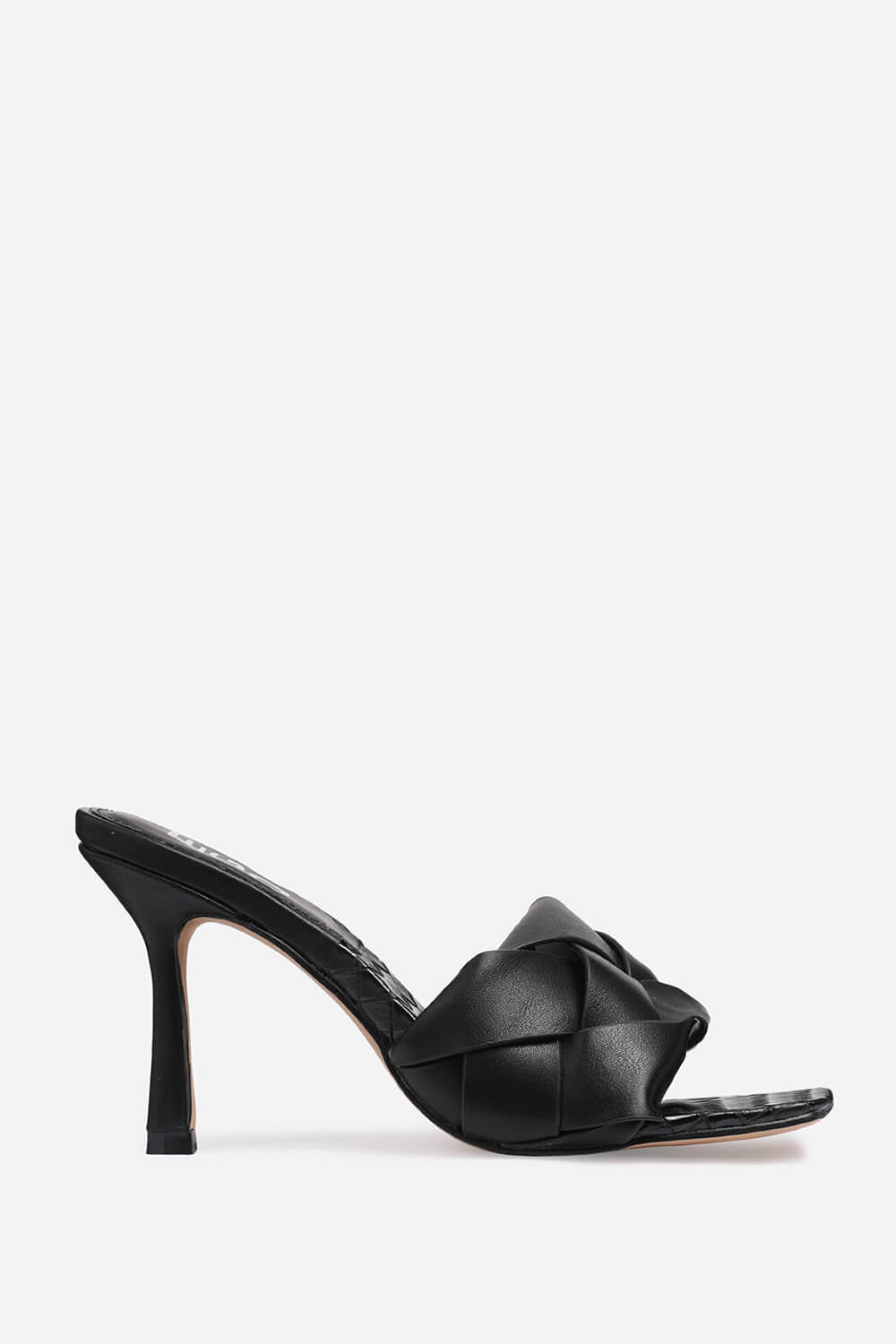 Black Faux Leather Woven Square Peep Toe Mule