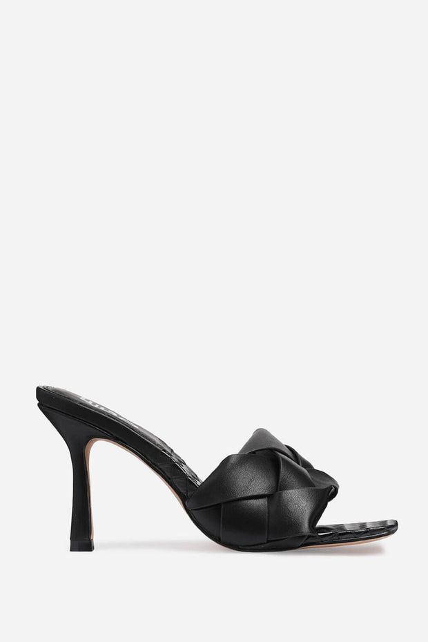 Mule carrée peep toe tissée en similicuir noir