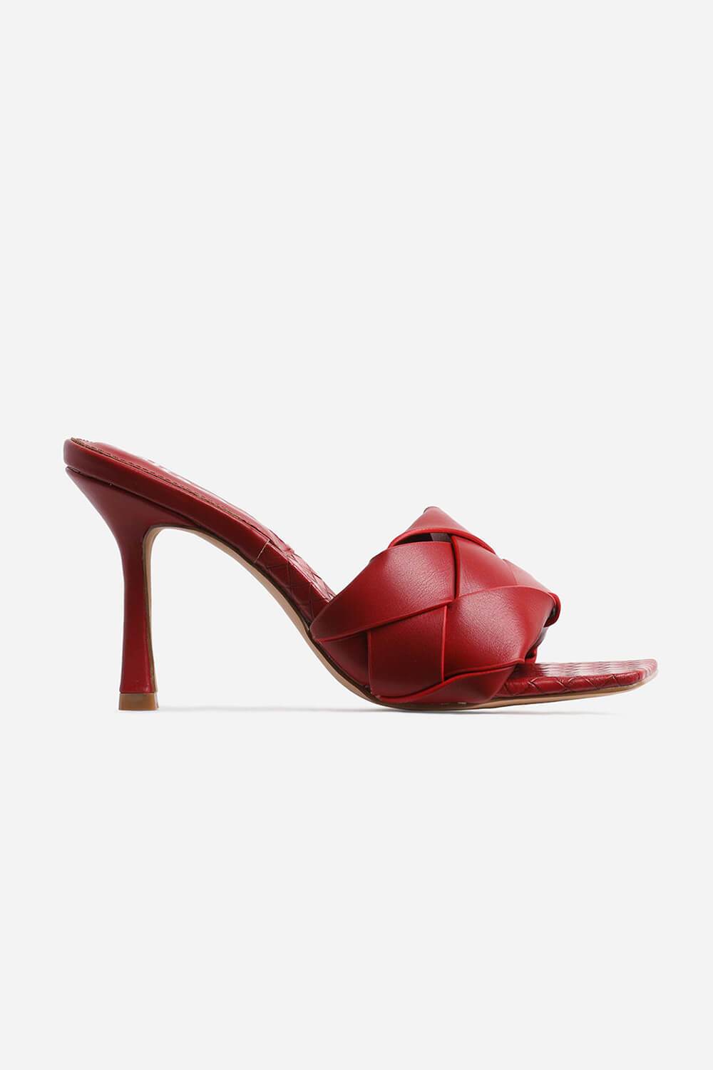 Mule carrée peep toe tissée en similicuir rouge