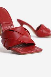 Red Faux Leather Woven Square Peep Toe Mule