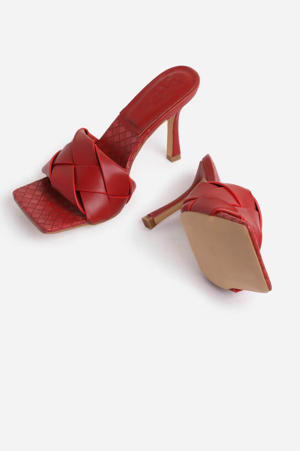 Mule carrée peep toe tissée en similicuir rouge