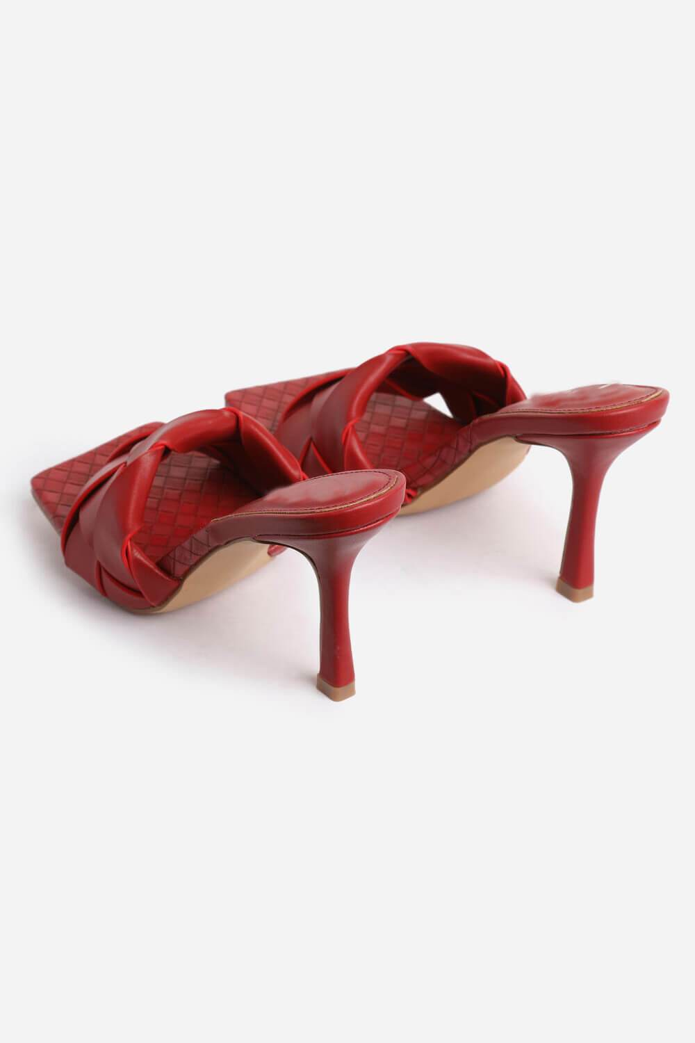 Mule carrée peep toe tissée en similicuir rouge