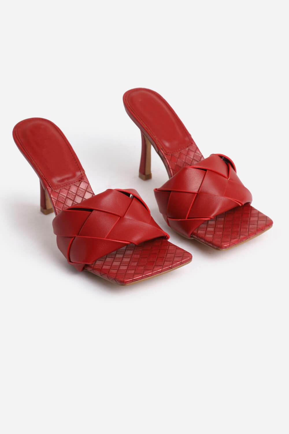 Mule carrée peep toe tissée en similicuir rouge