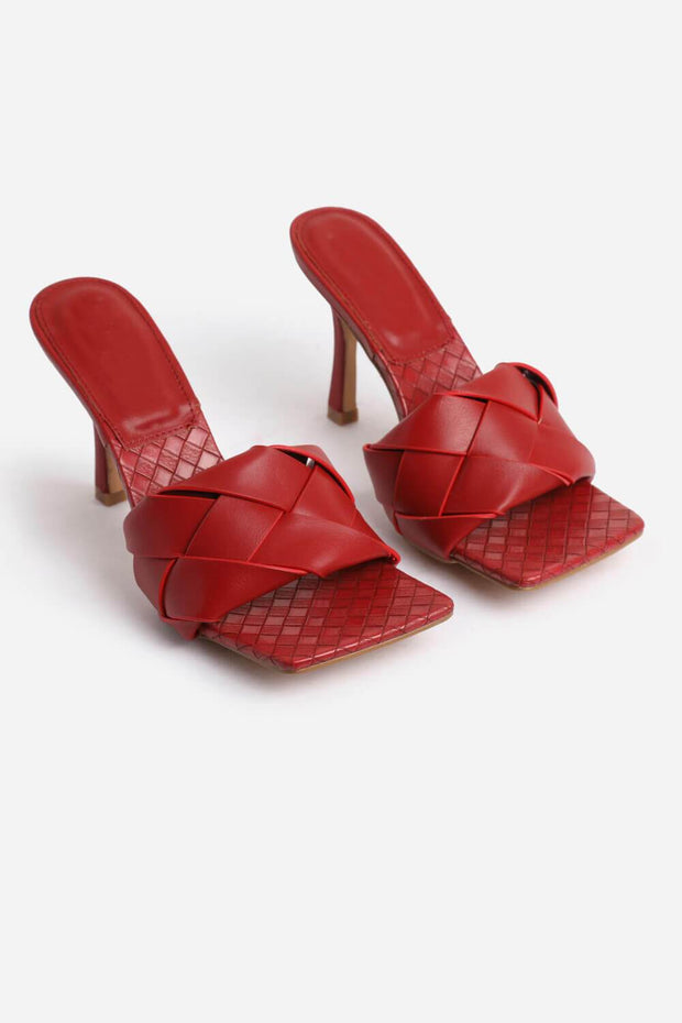 Red Faux Leather Woven Square Peep Toe Mule