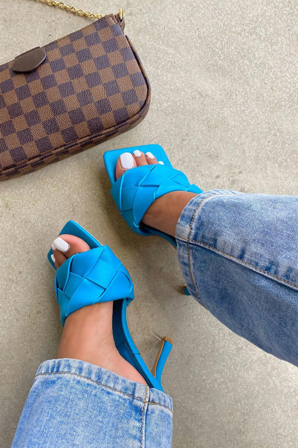 Blue Faux Leather Woven Square Peep Toe Mule