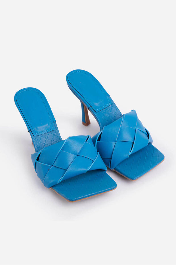 Blaue, gewebte, quadratische Peeptoe-Pantoletten aus Kunstleder