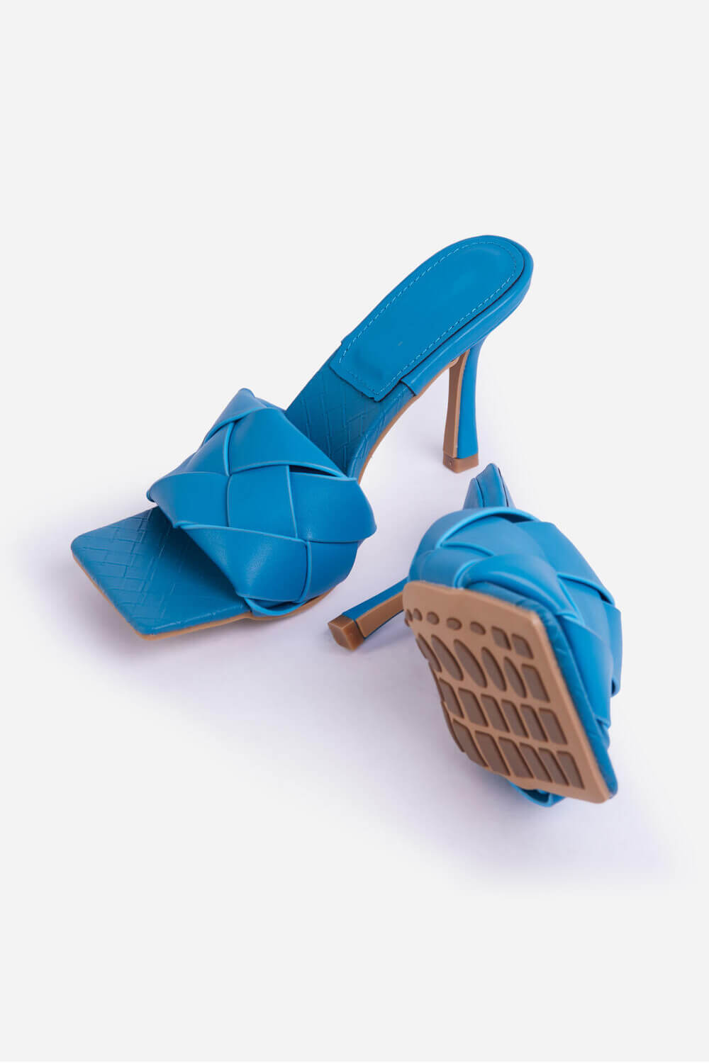 Blue Faux Leather Woven Square Peep Toe Mule