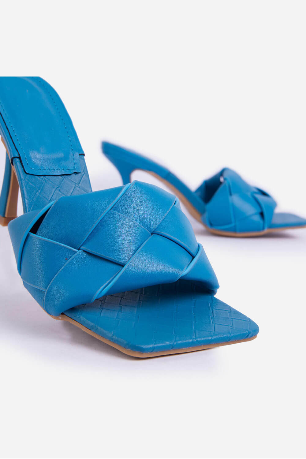 Blue Faux Leather Woven Square Peep Toe Mule