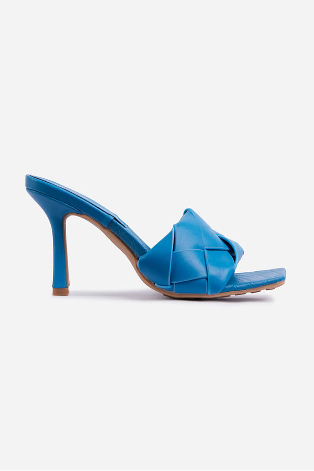 Blue Faux Leather Woven Square Peep Toe Mule