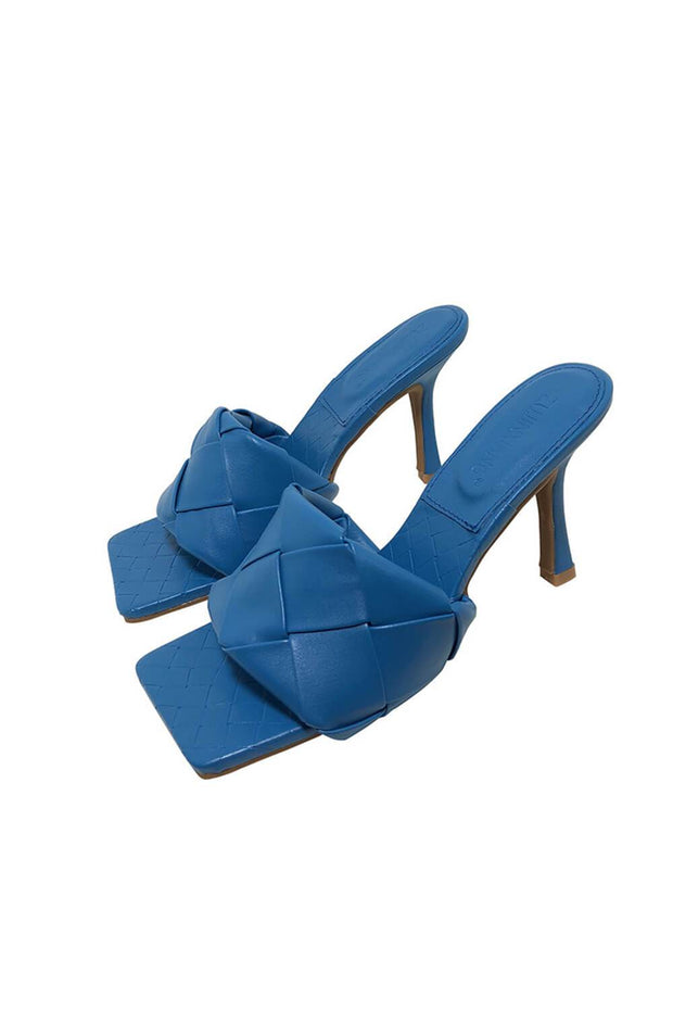 Blue Faux Leather Woven Square Peep Toe Mule